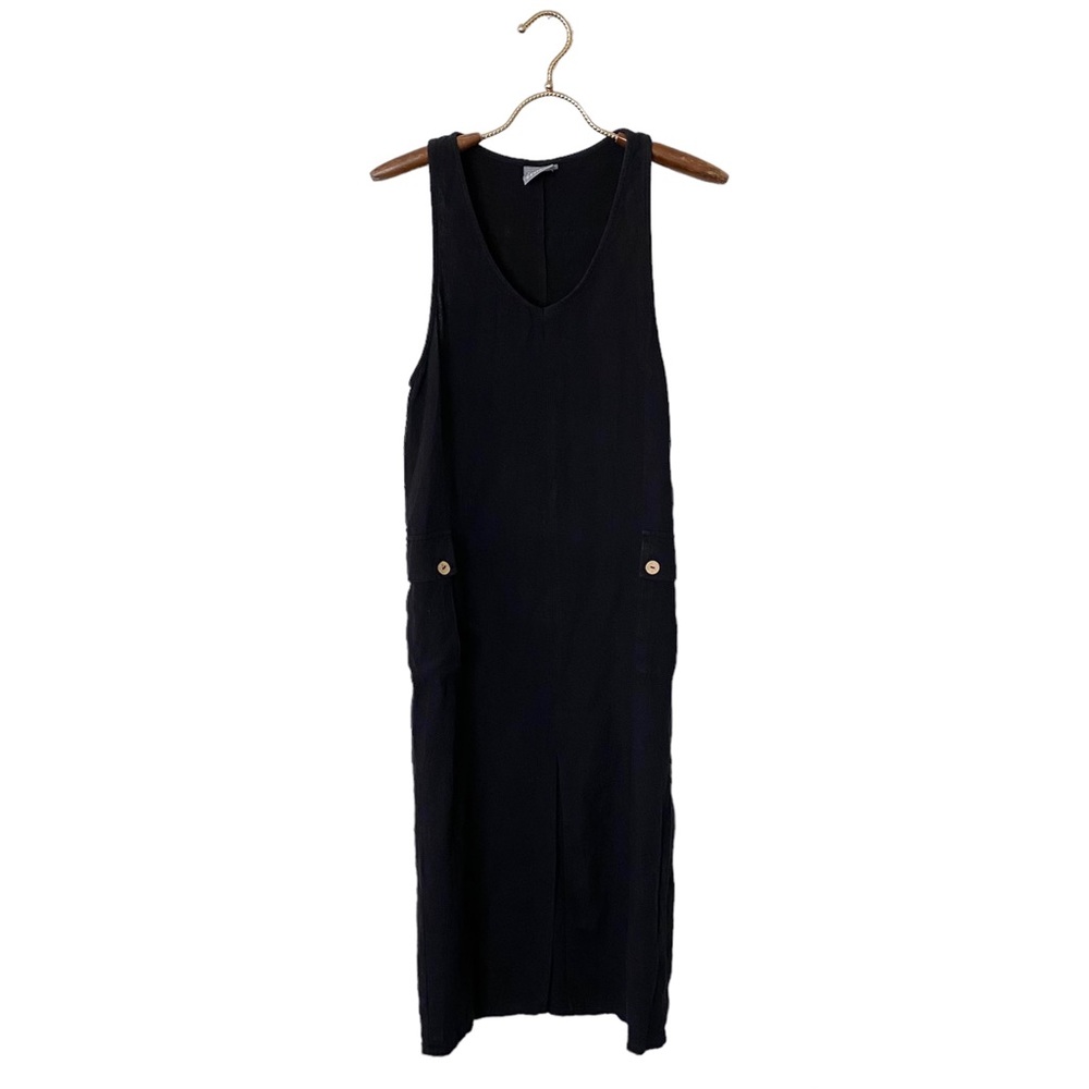 Black Linen Maxi Dress Side Buttons Pockets
